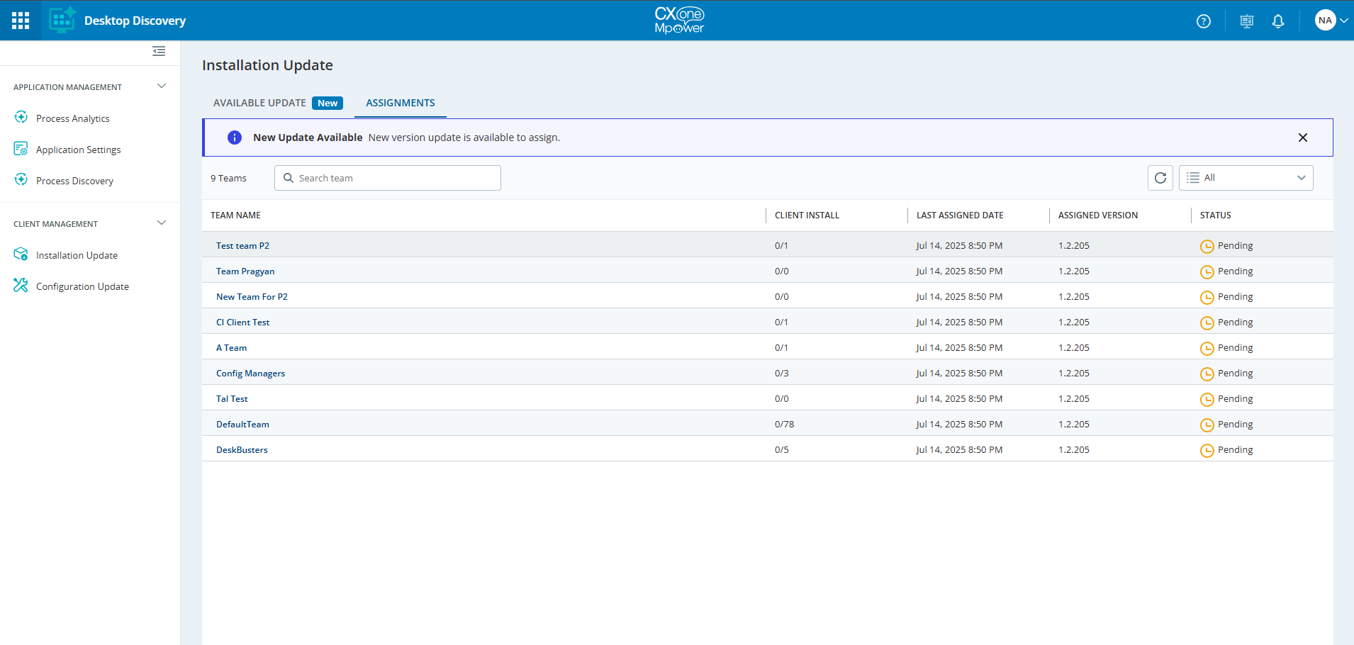 Image of Installation Update page with Assignments tab selected.